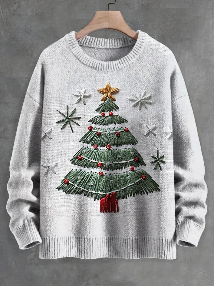 Men's Christmas Tree Snowflakes Felt Embroidery Print Knit Sweatshirt