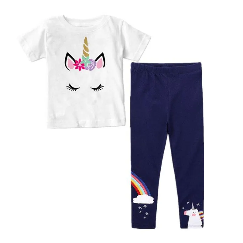 Two Pieces Kids Children Girls Clothes Set Little Girl Summer Cartoon Print T Shirt and Pants Leggings Outfits Clothing 2pcs