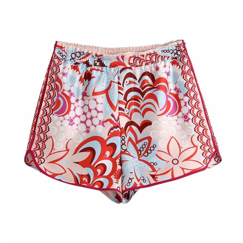 PUWD Vintage Woman Red Flower Print Shorts 2021 Spring Fashion Ladies  Streetwear High Waisted Shorts Ladies Elasticity Short