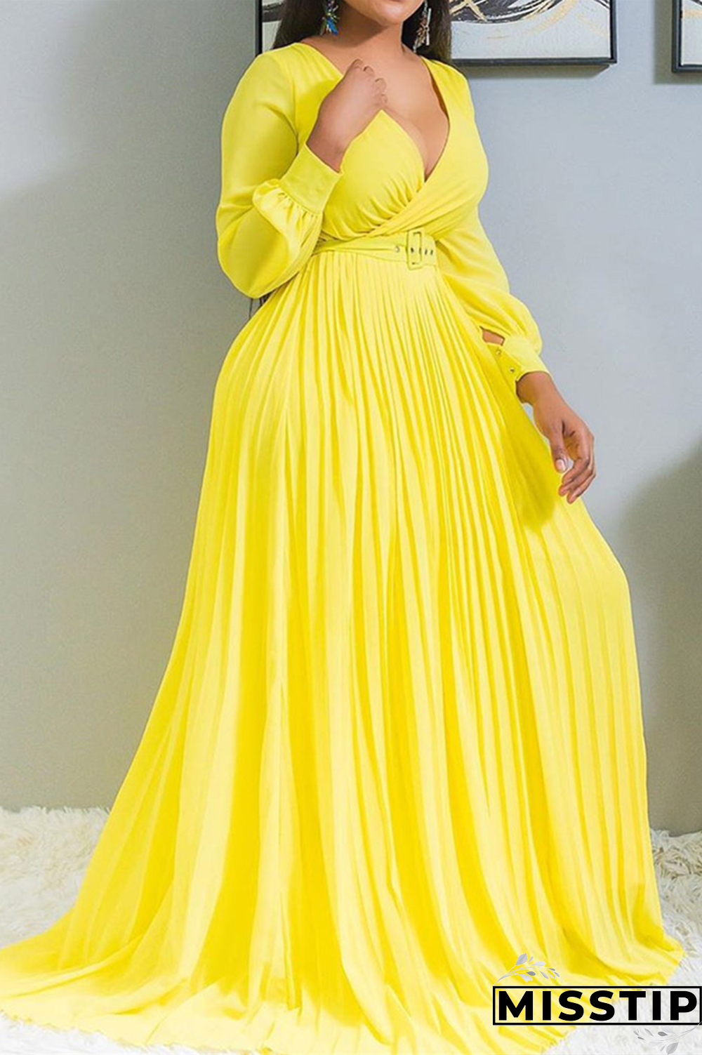 Yellow Sexy Fashion V-neck Long Sleeve Dress (Without Belt)