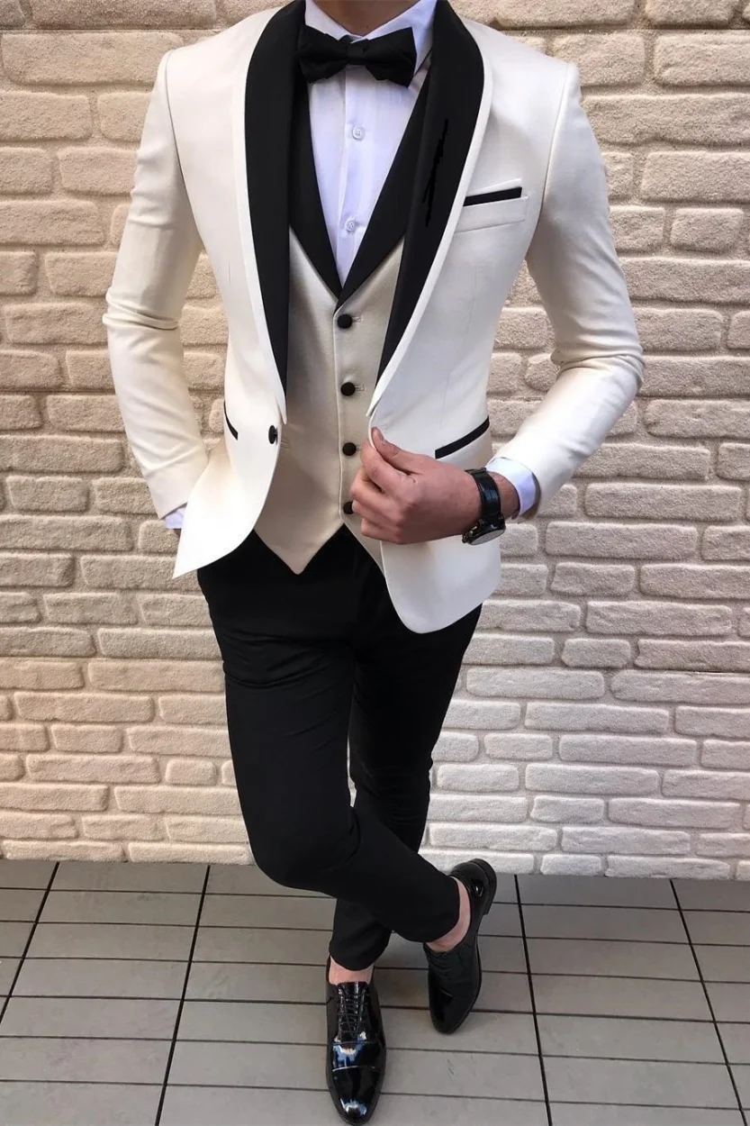 Daisda Fancy Black-and-white Shawl Lapel Wedding Suits With Waistcoat