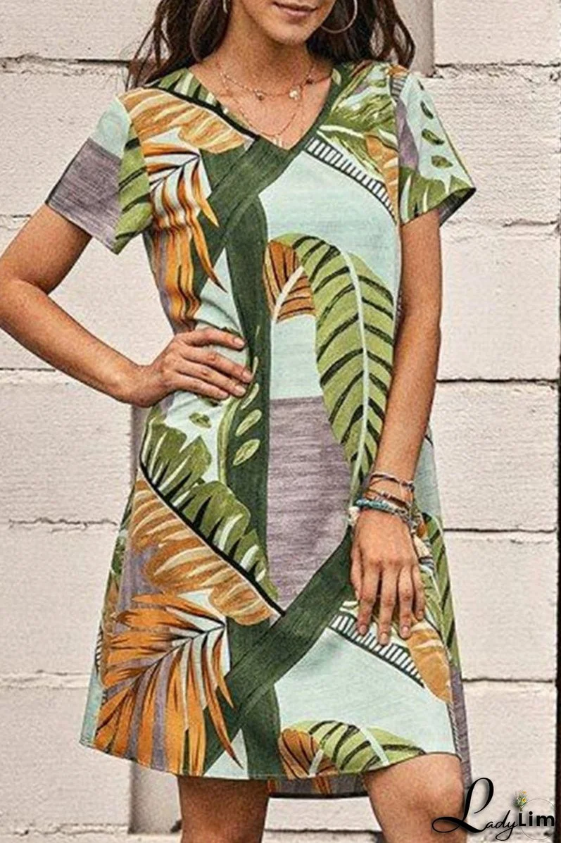 Fashion Casual Print Split Joint V Neck A Line Dresses
