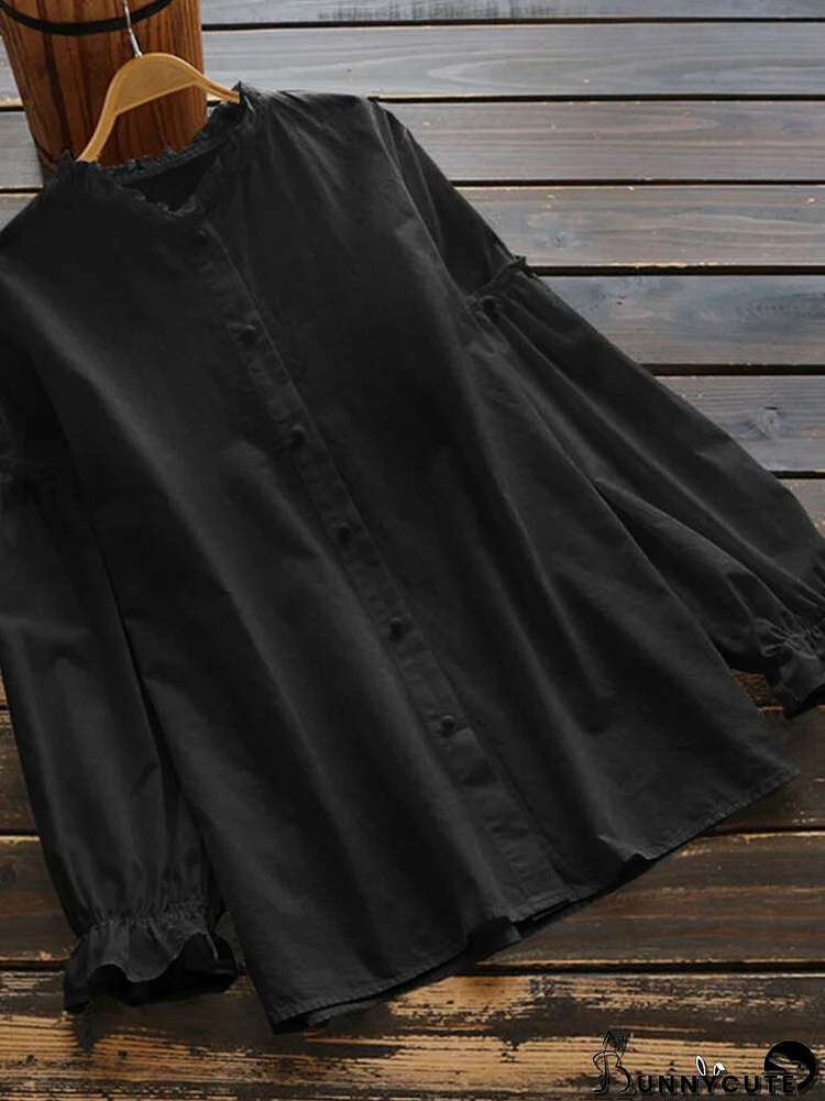 Women Solid Ruffle Trim Casual Long Sleeve Blouse