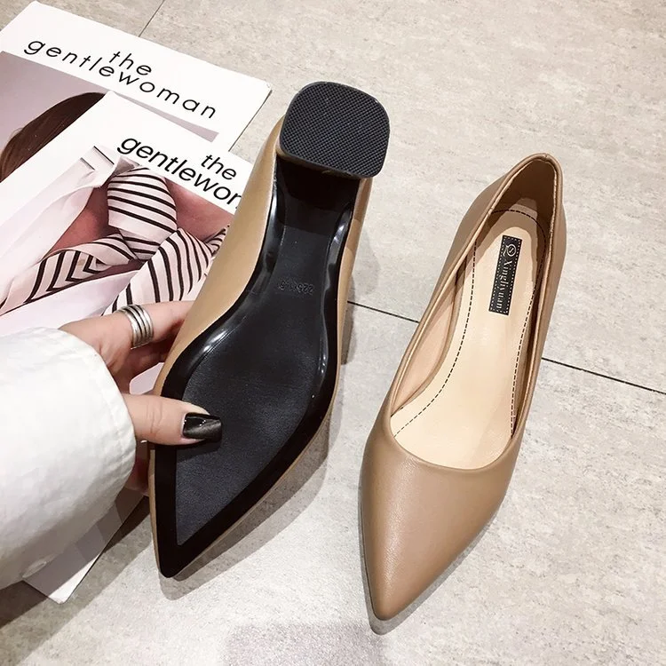 Wongn Wongn Version Of Spring Autumn New Thick Heel Single Shoes Female Pointed Head Shallow Mouth Temperament Professional Pure Color High Heels Female Fashion Ladle Shoes