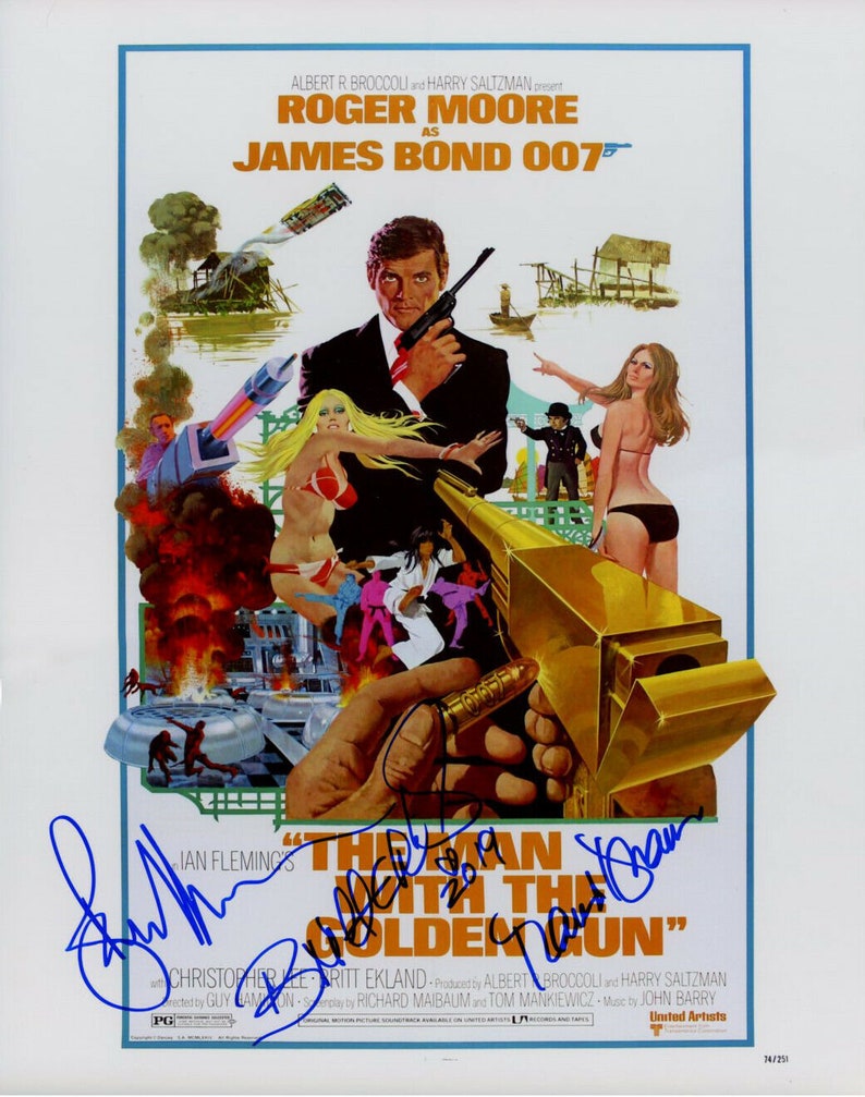 Maud adams britt ekland roger moore signed autograph 007 james bond 11x14 Photo Poster painting