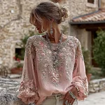 Women's Floral Embroidered Art Round Neck Linen Blend Blouse - Image 2