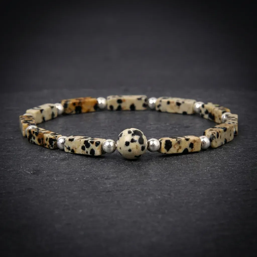 JiStones Artisan Natural Gemstone Bar Bracelet - Handcrafted Geometric Charm for Modern Elegance Dalmatian Jasper