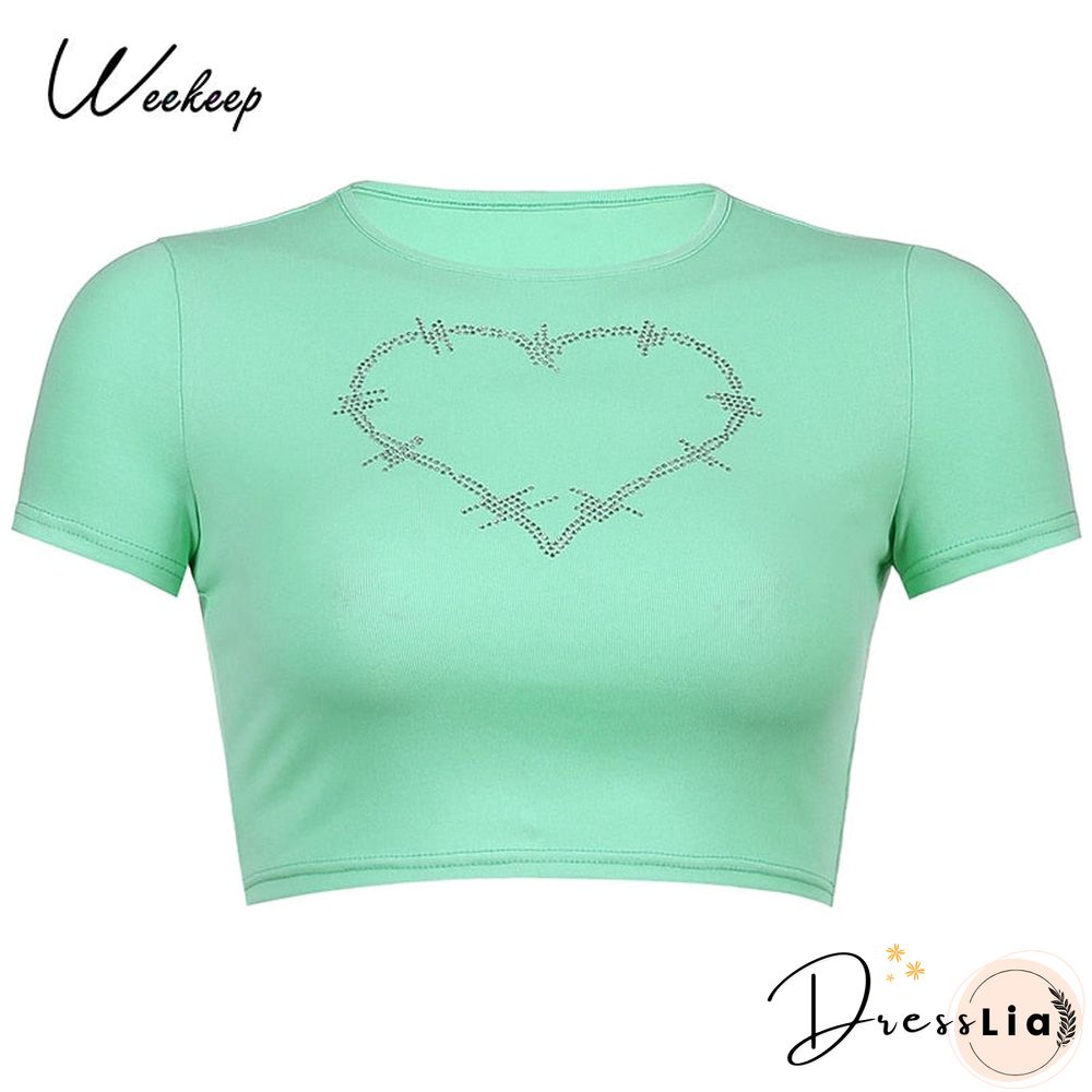 Weekeep Diamonds Patchwork Vintage Slim T-shirt Women Short Sleeve Summer Contrast Harajuku Cropped Tops Cotton Basic Tee Female