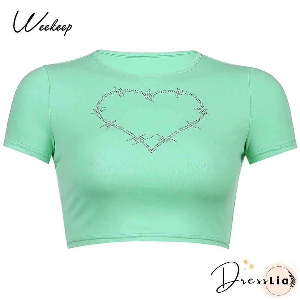 Weekeep Diamonds Patchwork Vintage Slim T-shirt Women Short Sleeve Summer Contrast Harajuku Cropped Tops Cotton Basic Tee Female