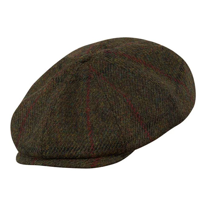 PEAKY CAPS Genuine Scottish Harris Tweed 8 Panels Man Cap Wool Large Crown GREEN-RED