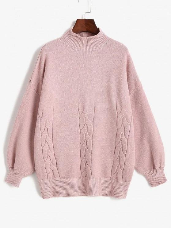 Women'S High Neck Cable Knit Drop Shoulder Solid Sweater