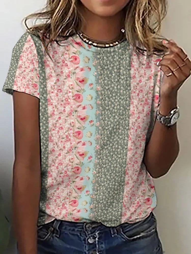 Printed Short Sleeve Casual T-shirt for  Women and Men Unisex Pattern Floral,Pink,Green,Stitch