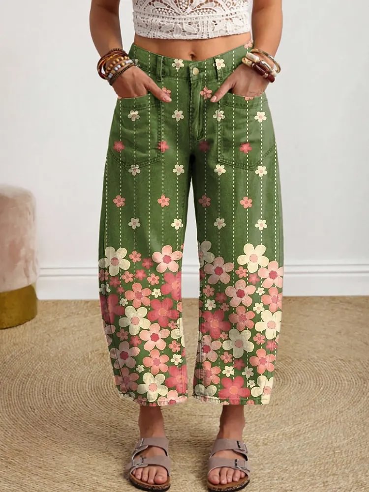 Women's Vintage Floral Petal Art Print Casual Cotton Trousers With Pockets