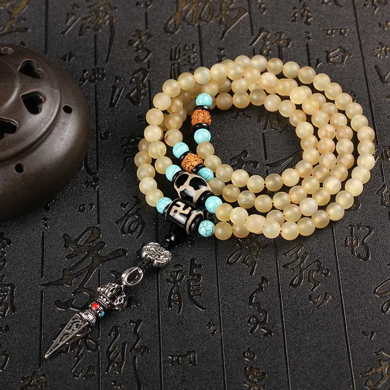 108 Beads Tibetan Sheep Horn Dzi Bead Turquoise Necklace Bracelet Mala