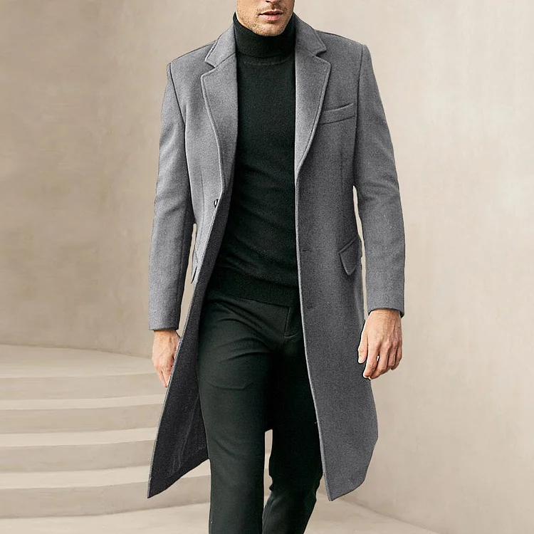 Classic Fit Casual Lapel Collar Single Breasted Knee Length Overcoat