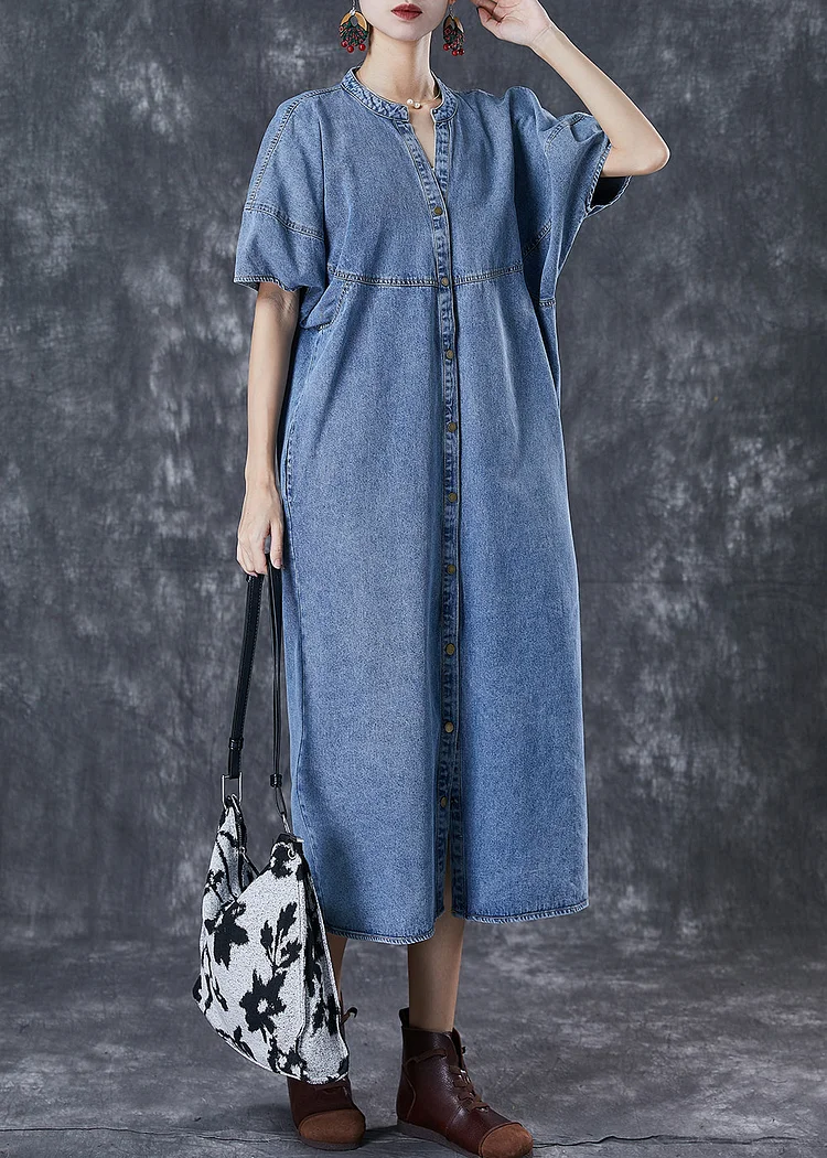 Women Denim Blue Oversized Patchwork Cotton Long Dress Fall