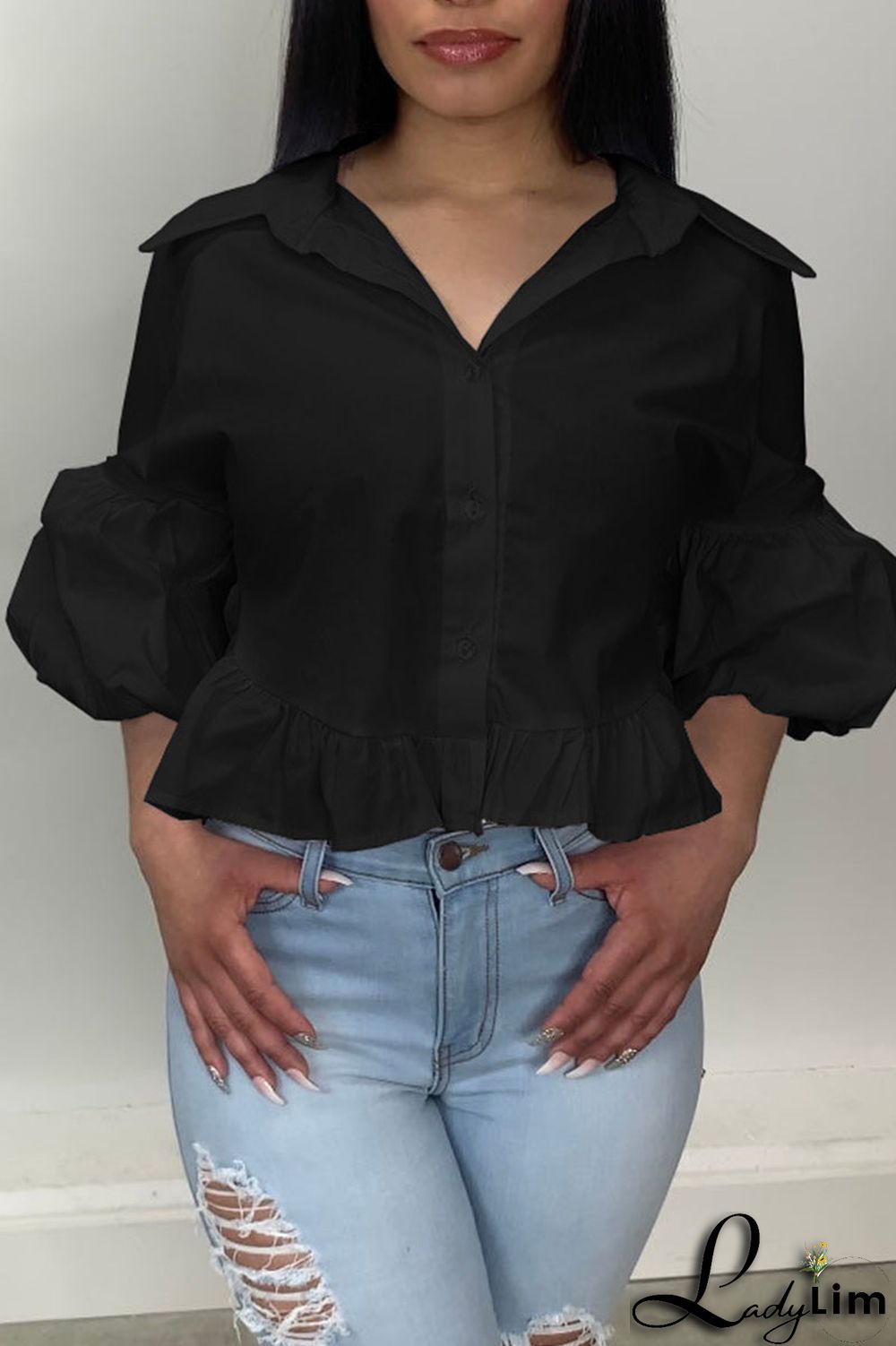 White Casual Solid Split Joint Buckle Turndown Collar Tops