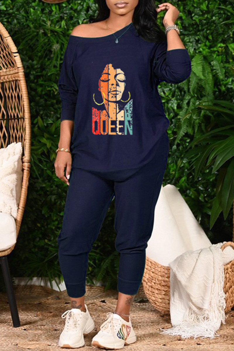 Rose Red Fashion Casual Print Patchwork O Neck Long Sleeve Two Pieces