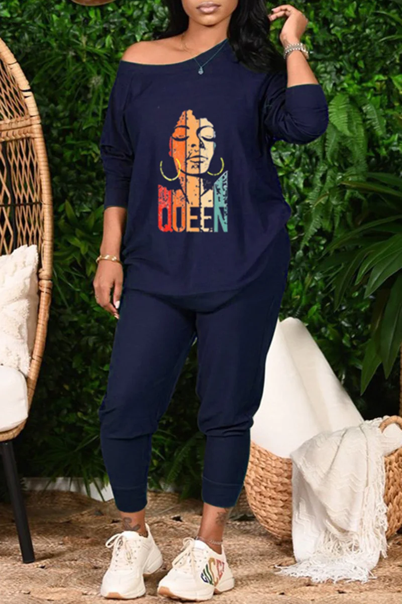 Rose Red Fashion Casual Print Patchwork O Neck Long Sleeve Two Pieces