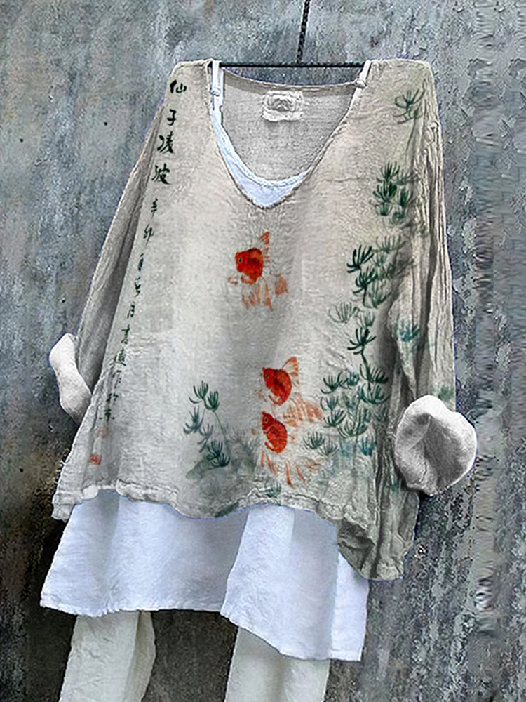 Comstylish Women Bamboo And Goldfish Ink And Wash Printed V Neck Shirt