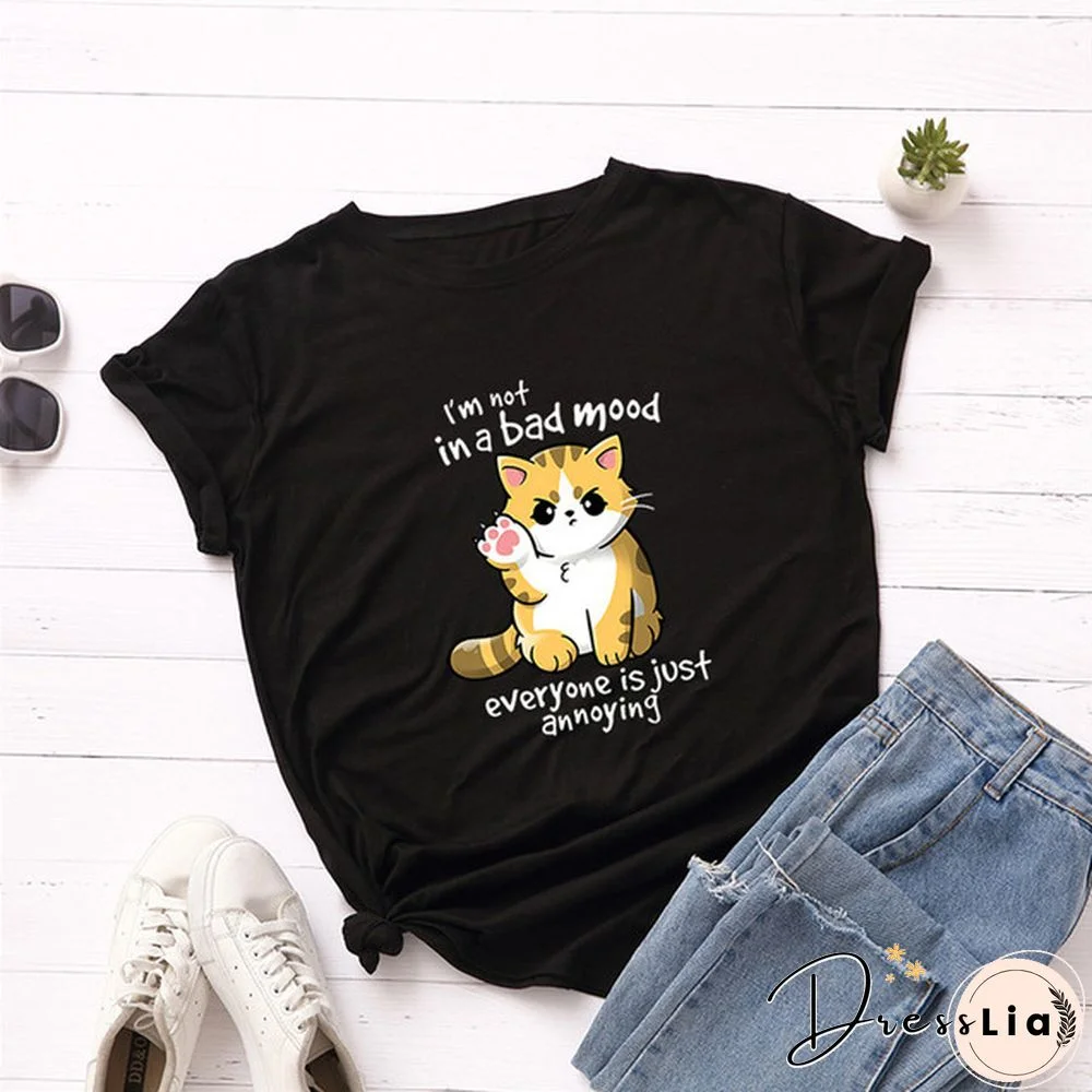 100% Cotton Summer Women TShirt Lovely Cat Letter Print Graphic T Shirt O Neck Short Sleeve Female Tee Shirts Casual Tops