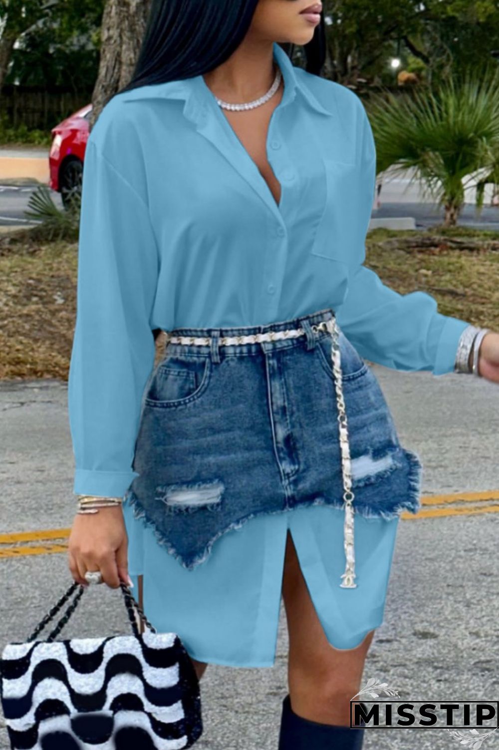 Black Casual Solid Ripped Turndown Collar Long Sleeve Two Pieces