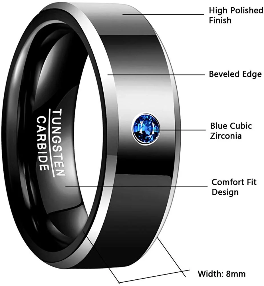 6MM 8MM Mens Women Black Tungsten Carbide Couple Wedding Bands Polished Beveled Edge with Blue CZ Comfort Fit