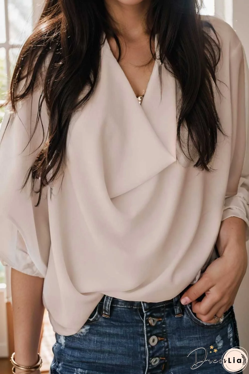 casual v neck pleated chiffon shirt