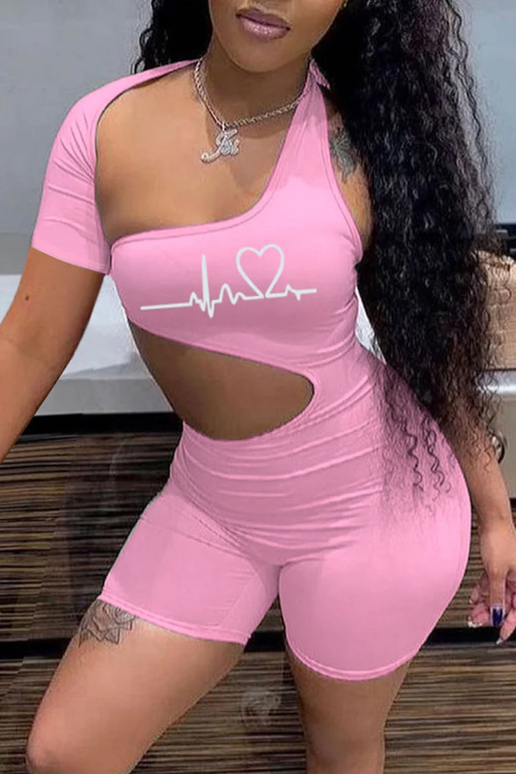 Pink Sexy Print Hollowed Out Split Joint Asymmetrical Asymmetrical Collar Regular Jumpsuits