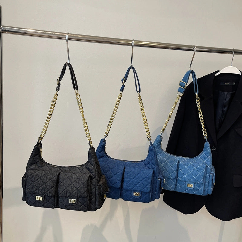 Women's Denim Solid Color Lingge Classic Style Sewing Thread Dumpling Shape Zipper Crossbody Bag