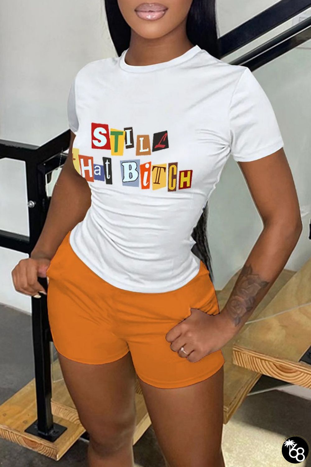 White Orange Casual Print Basic O Neck Short Sleeve Two Pieces | 168DEAL