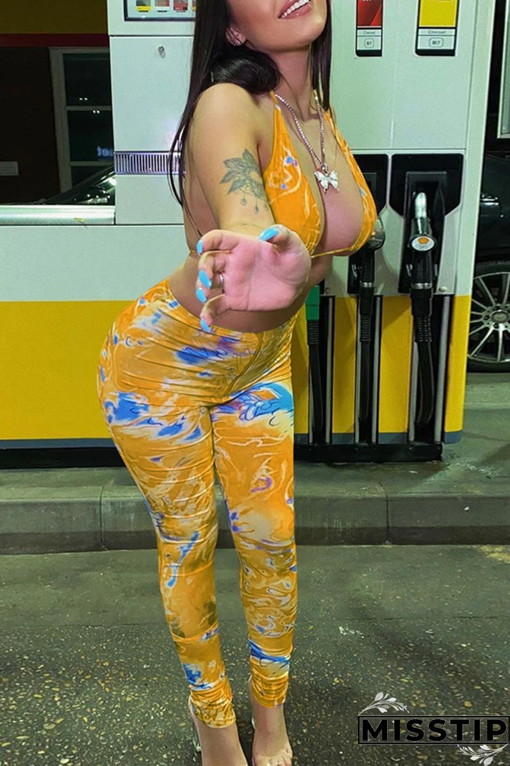 Lemon Yellow Fashion Sexy Print Backless Strap Design Halter Sleeveless Two Pieces