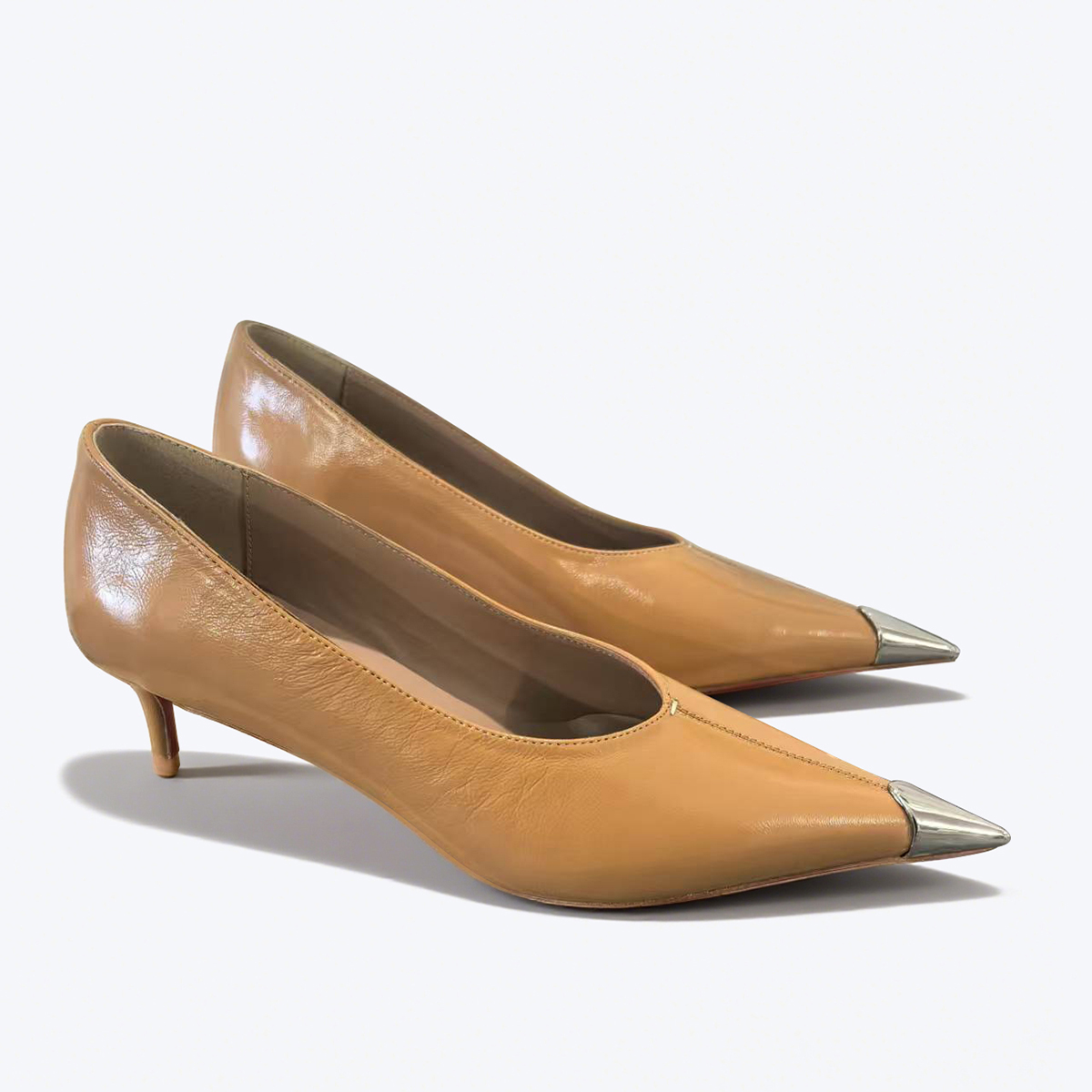 50mm Women's Kitten Heel Metal Pointed Toe High Heels Red Bottom Shoes Genuine Leather -MERUMOTE