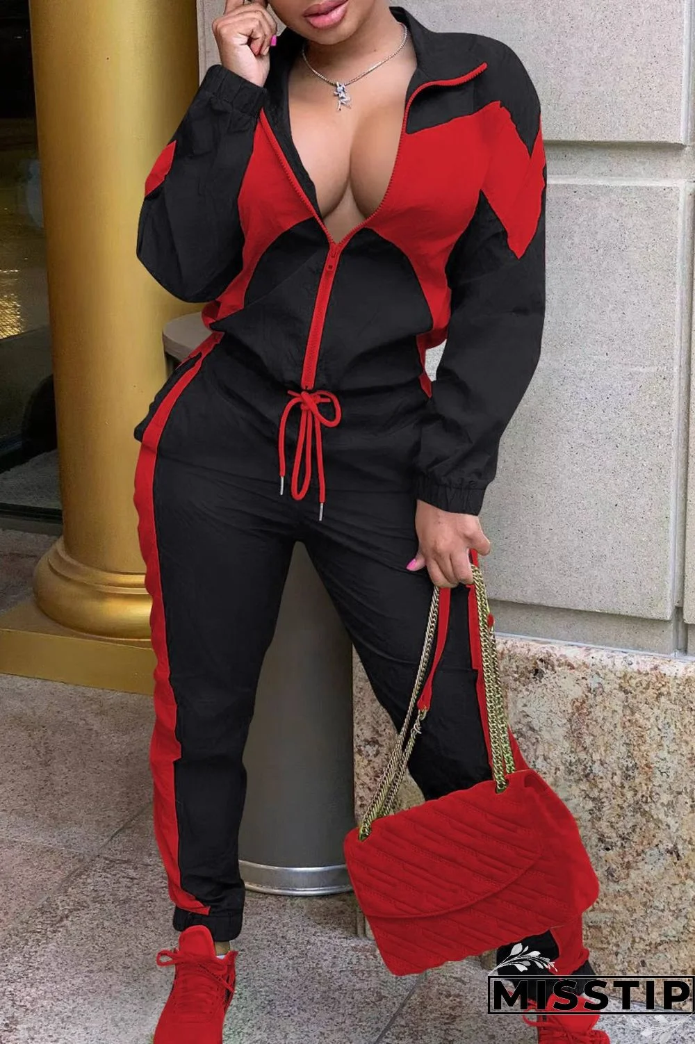 Army Green Casual Solid Patchwork Contrast Zipper Collar Long Sleeve Two Pieces