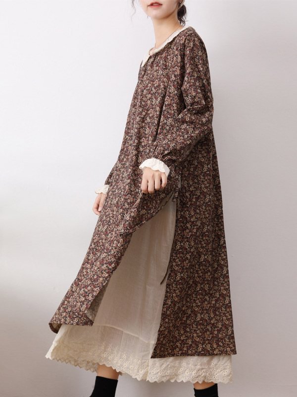 Vintage False Two Long Sleeves Floral Printed Midi Dress