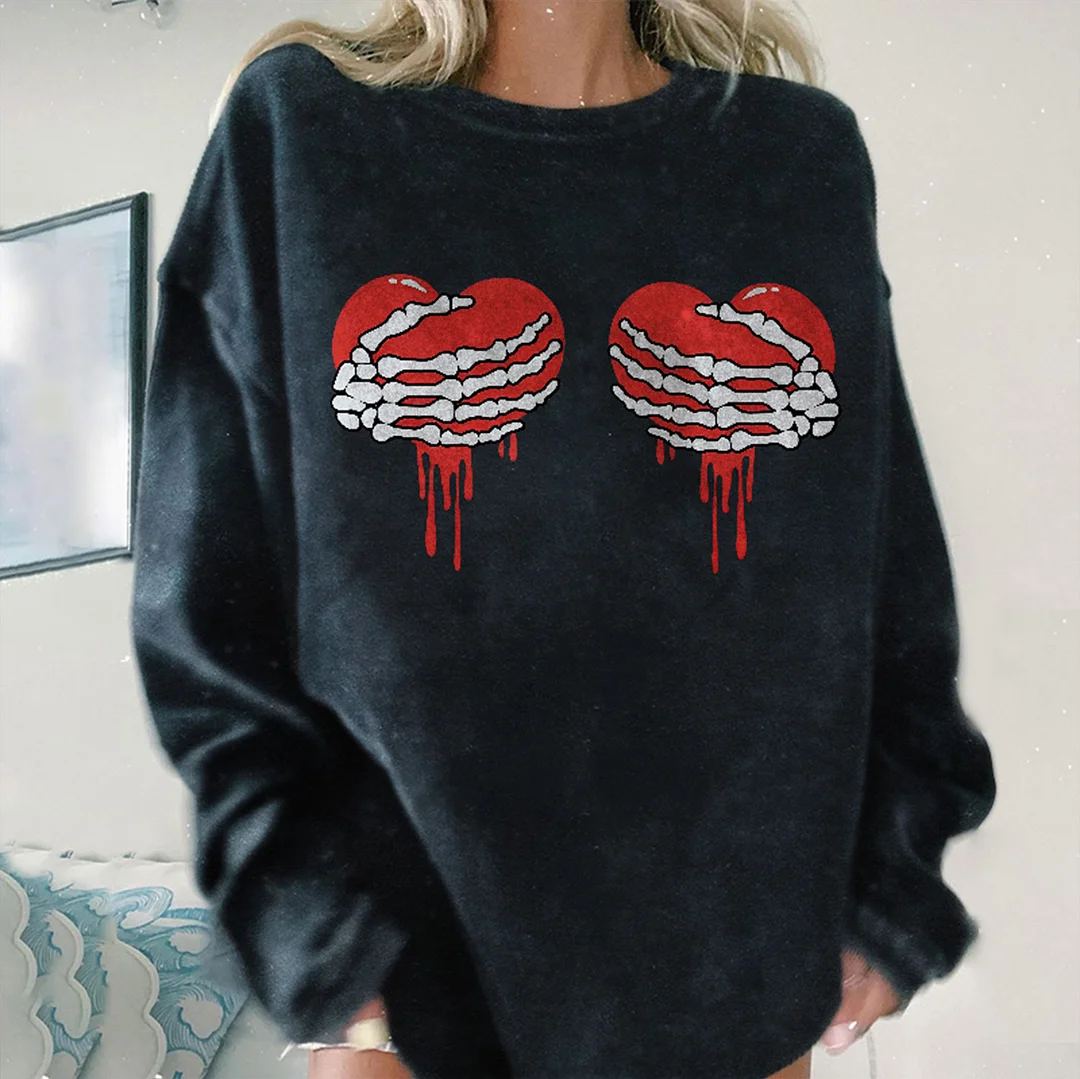 Hold the Heart Skull     Black Print Sweatshirt