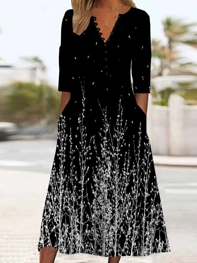 Women Floral,Black DZHB8350 Long Sleeve V-Neck Graphic Printed Midi Dress