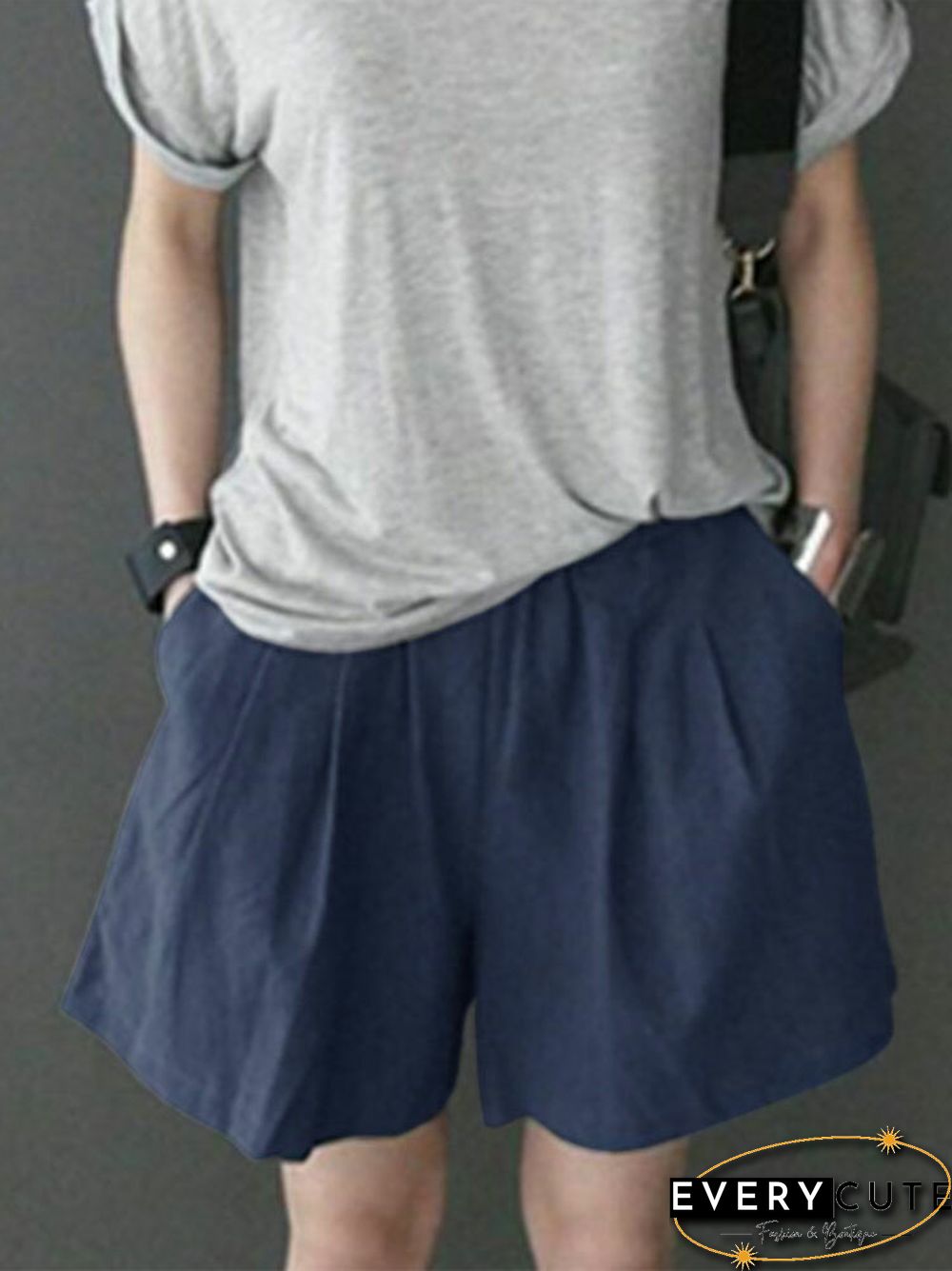 Leisure Solid Ruched Pocket Cotton Shorts