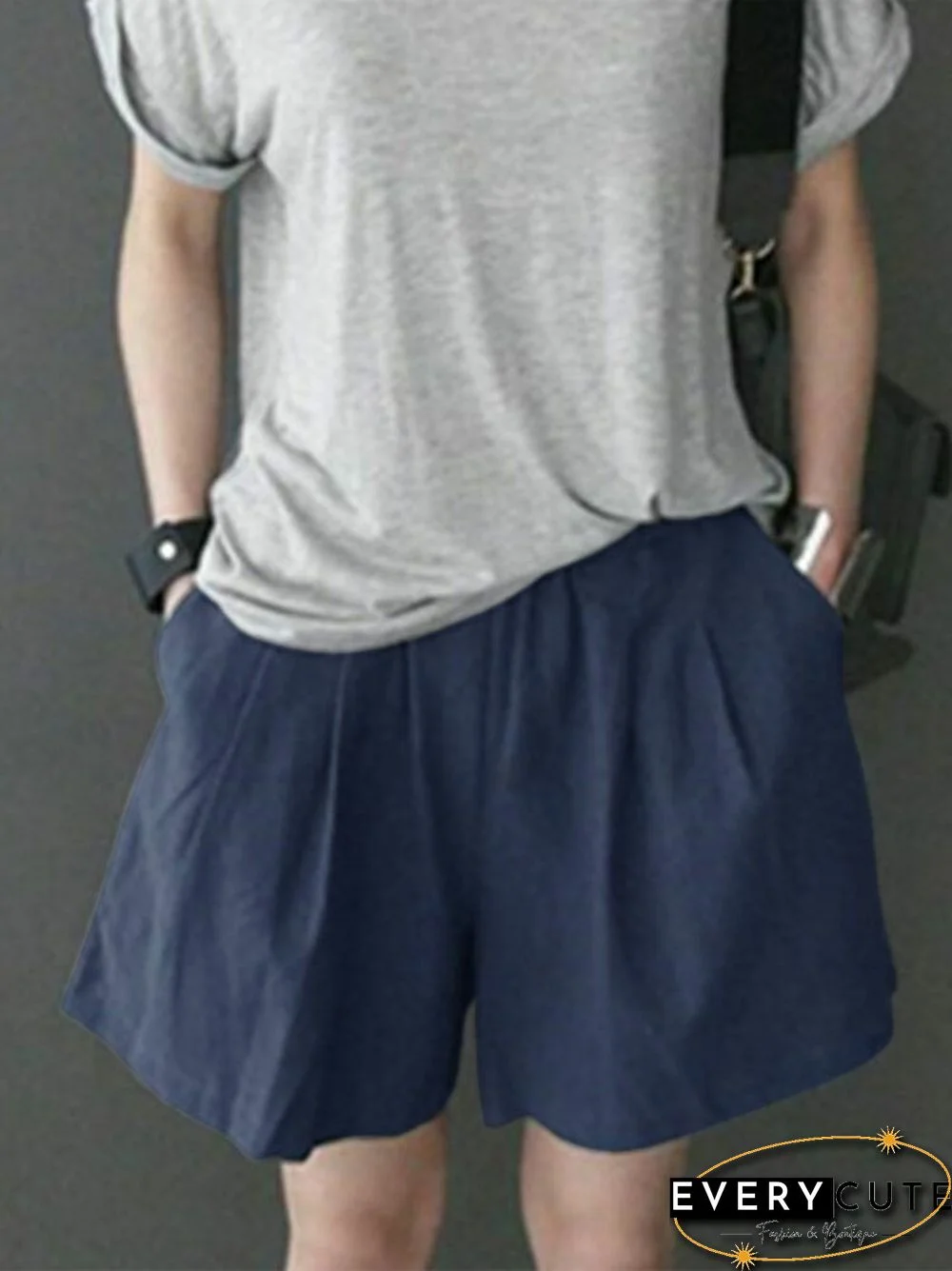 Leisure Solid Ruched Pocket Cotton Shorts