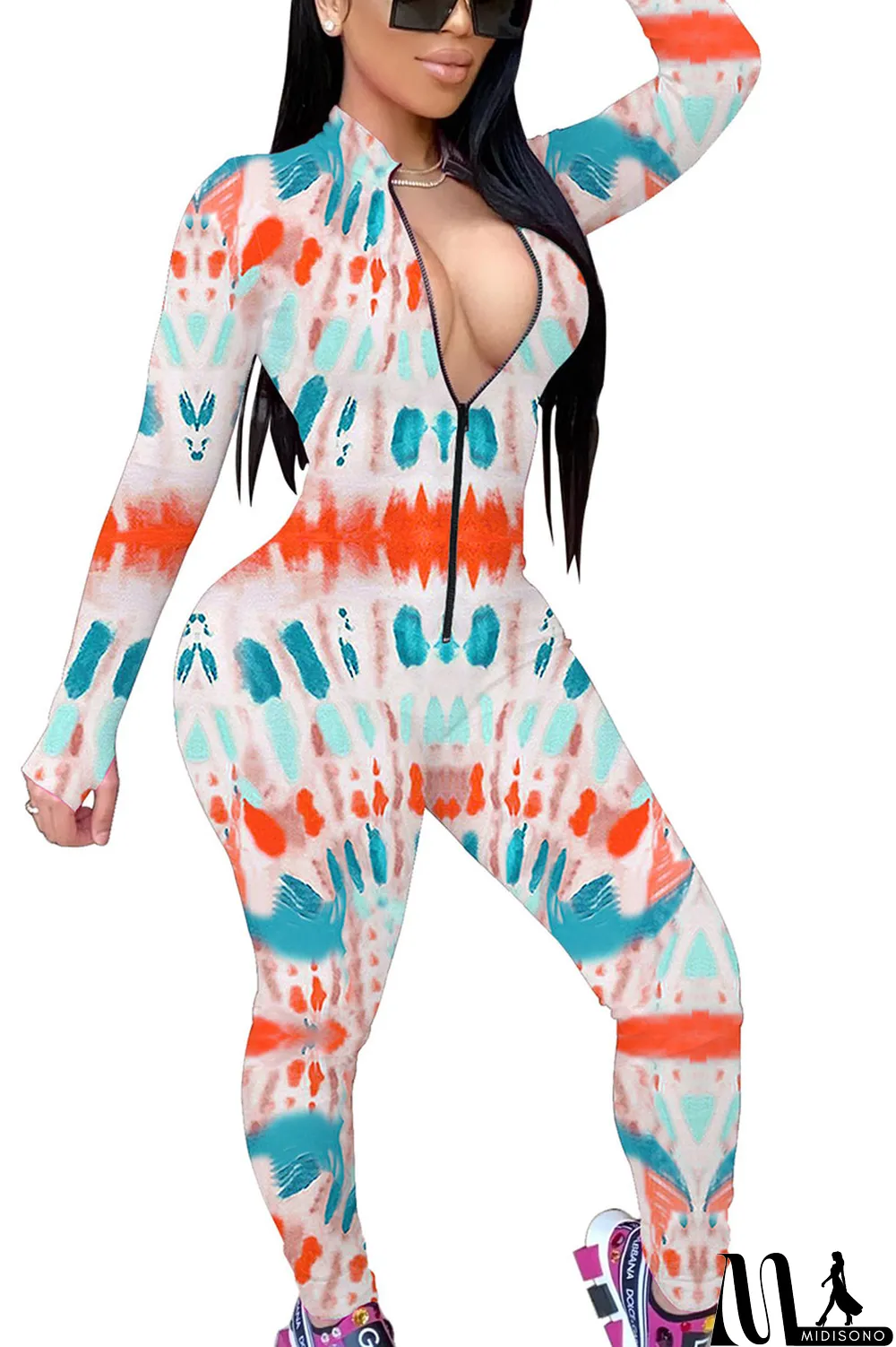 MidiSono - Red Fashion Print Split Joint O Neck Regular Jumpsuits