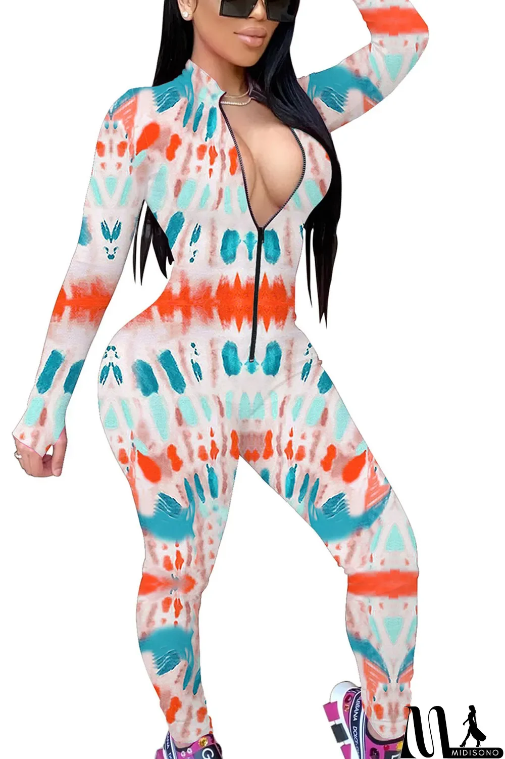 MidiSono - Red Fashion Print Split Joint O Neck Regular Jumpsuits