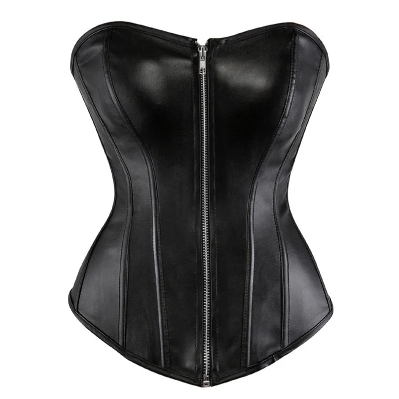 Sapubonva sexy women leather corset burlesque costumes lace up zipper shiny corset bustier overbust body shaper plus size black