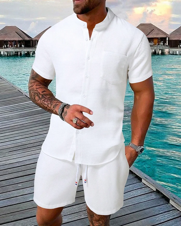 Suitmens Men'sTextured Stripe Short Sleeve Shirt Set 0092