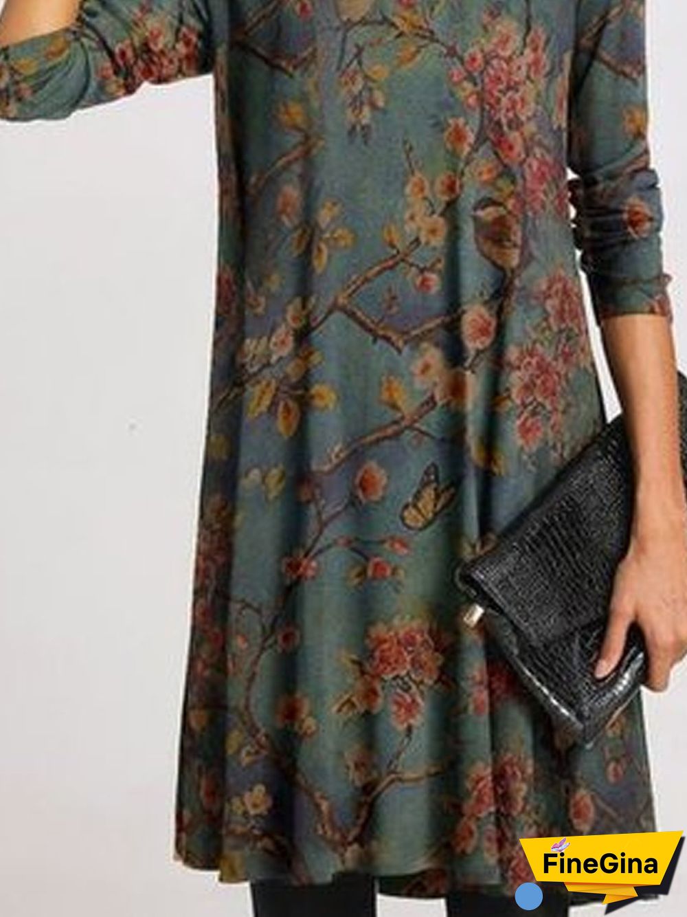 Vintage Shift Turtleneck Floral-Print Knitting Dress