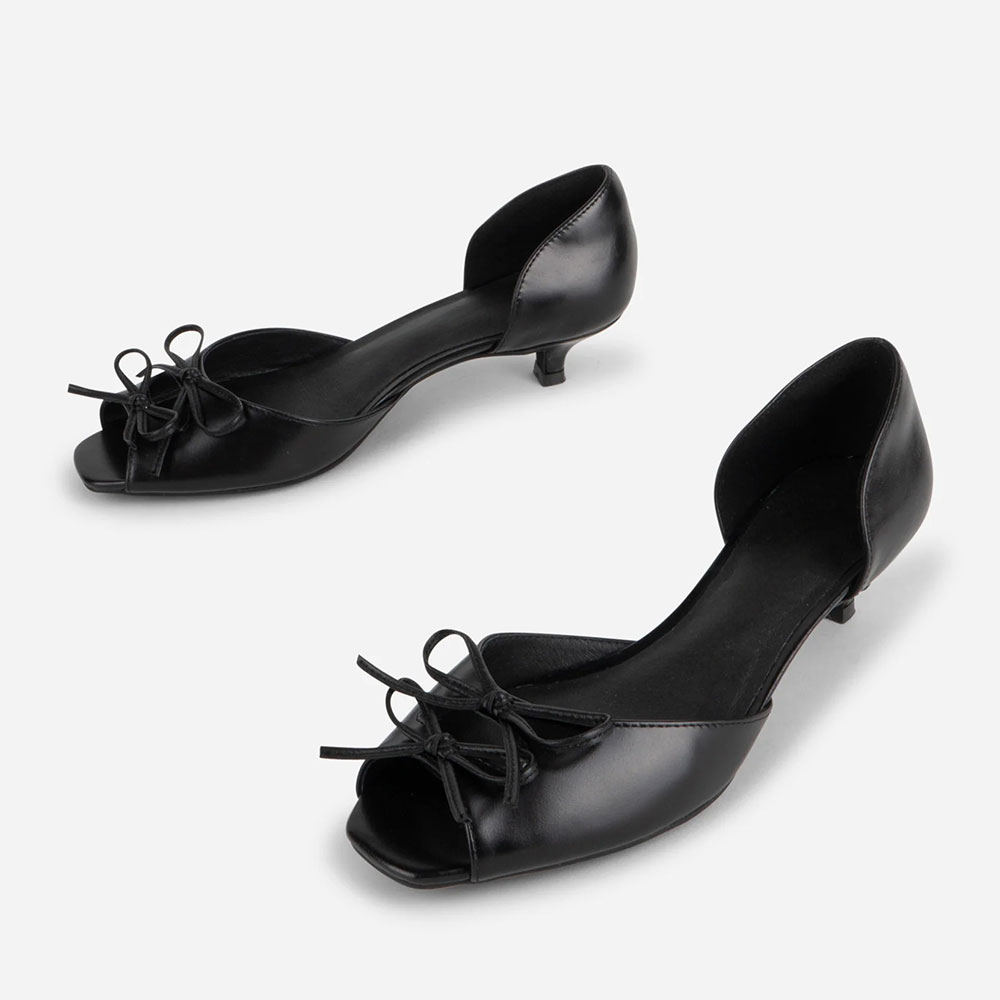 Black Vegan Leather Double Bow Peep Toe Elegant Kitten Heels Nicepairs