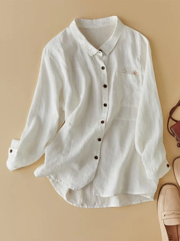 100% Linen Print Lapel Casual Shirt In One-Size In Solid Color