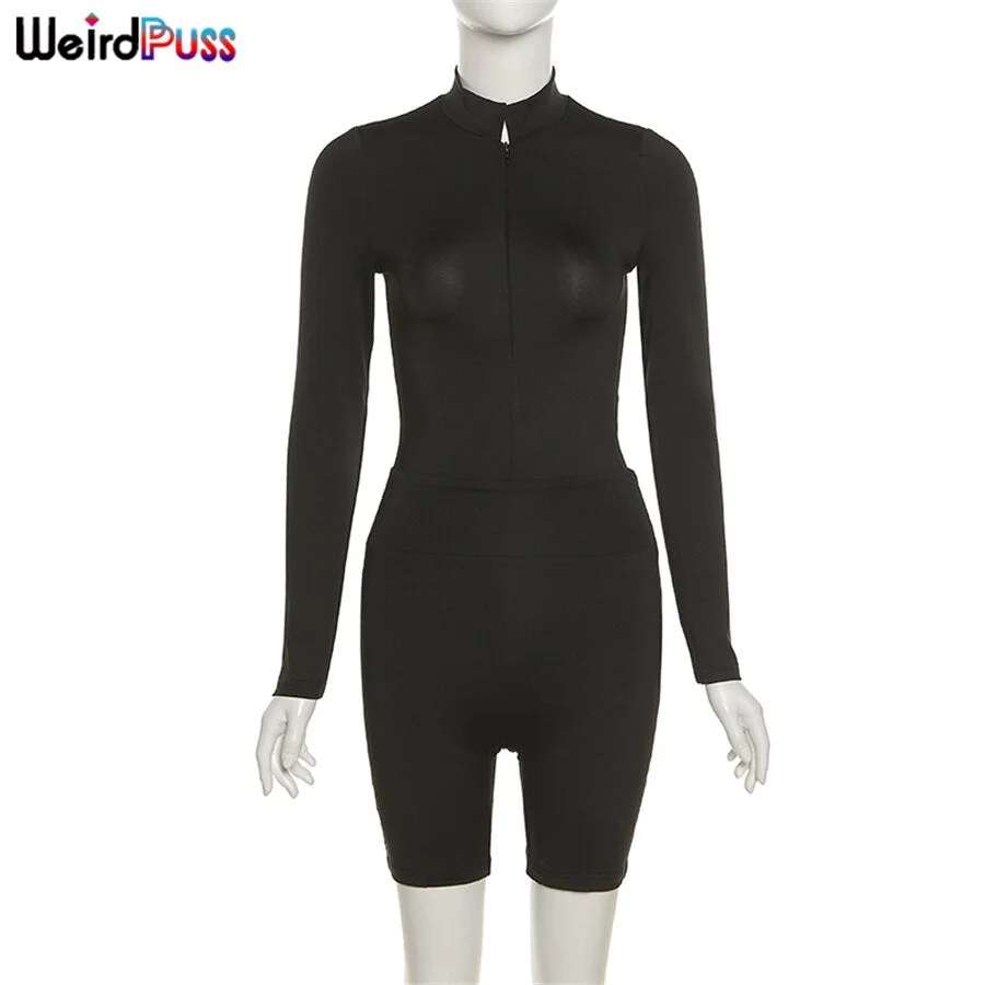 Weird Puss Zipper Women Tracksuit Long Sleeve Fitness 2 Piece Outfit Bodysuits+Biker Shorts Elastic Matching Skinny Streetwear