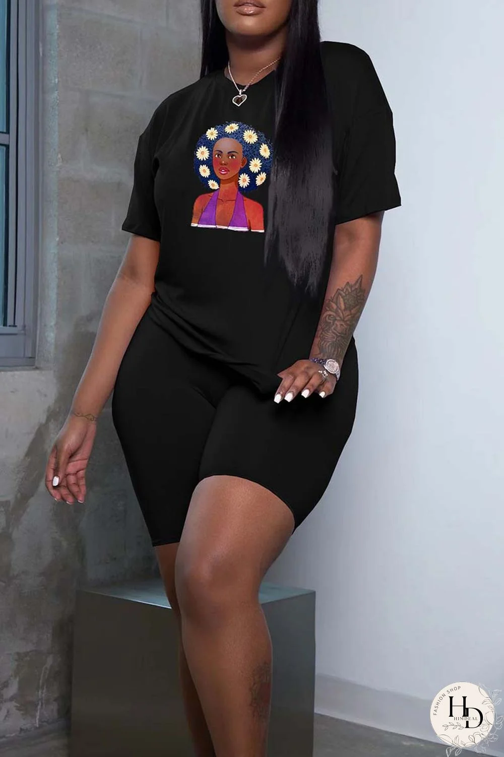 Black Casual Print Basic O Neck Short Sleeve Two Pieces