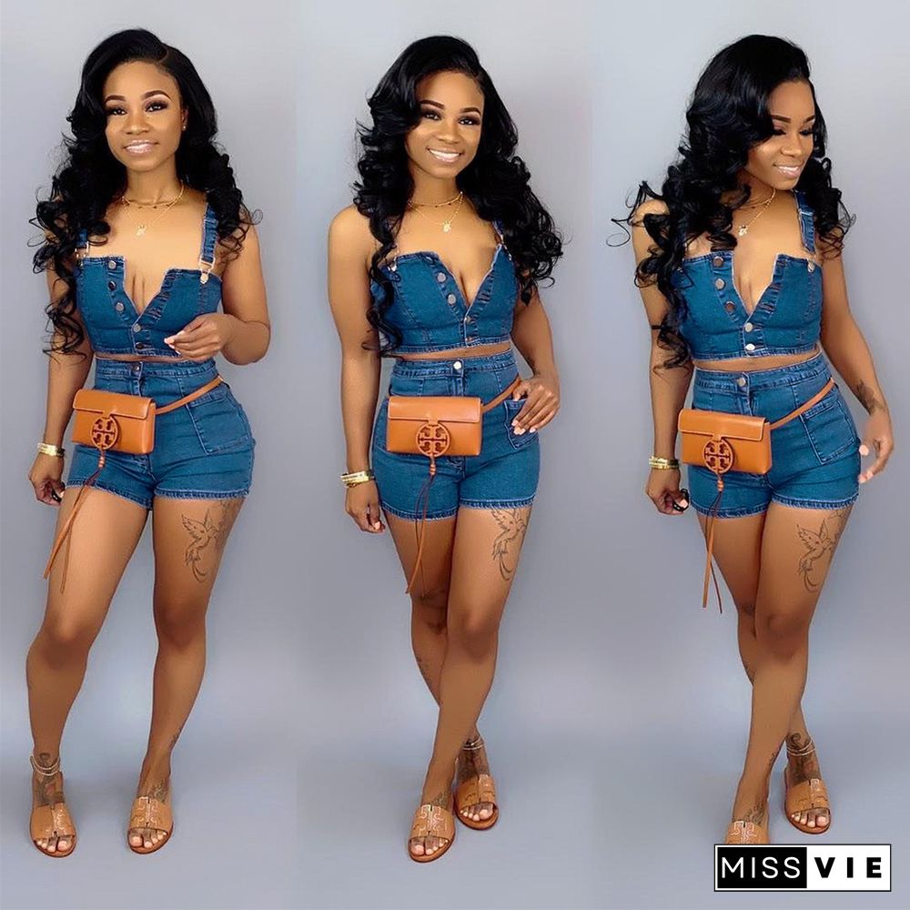 Sleeveless Crop Top and Shorts Denim Matching Set
