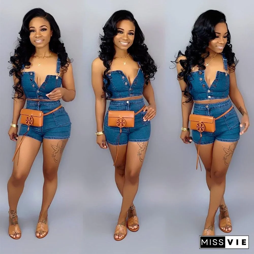 Sleeveless Crop Top and Shorts Denim Matching Set